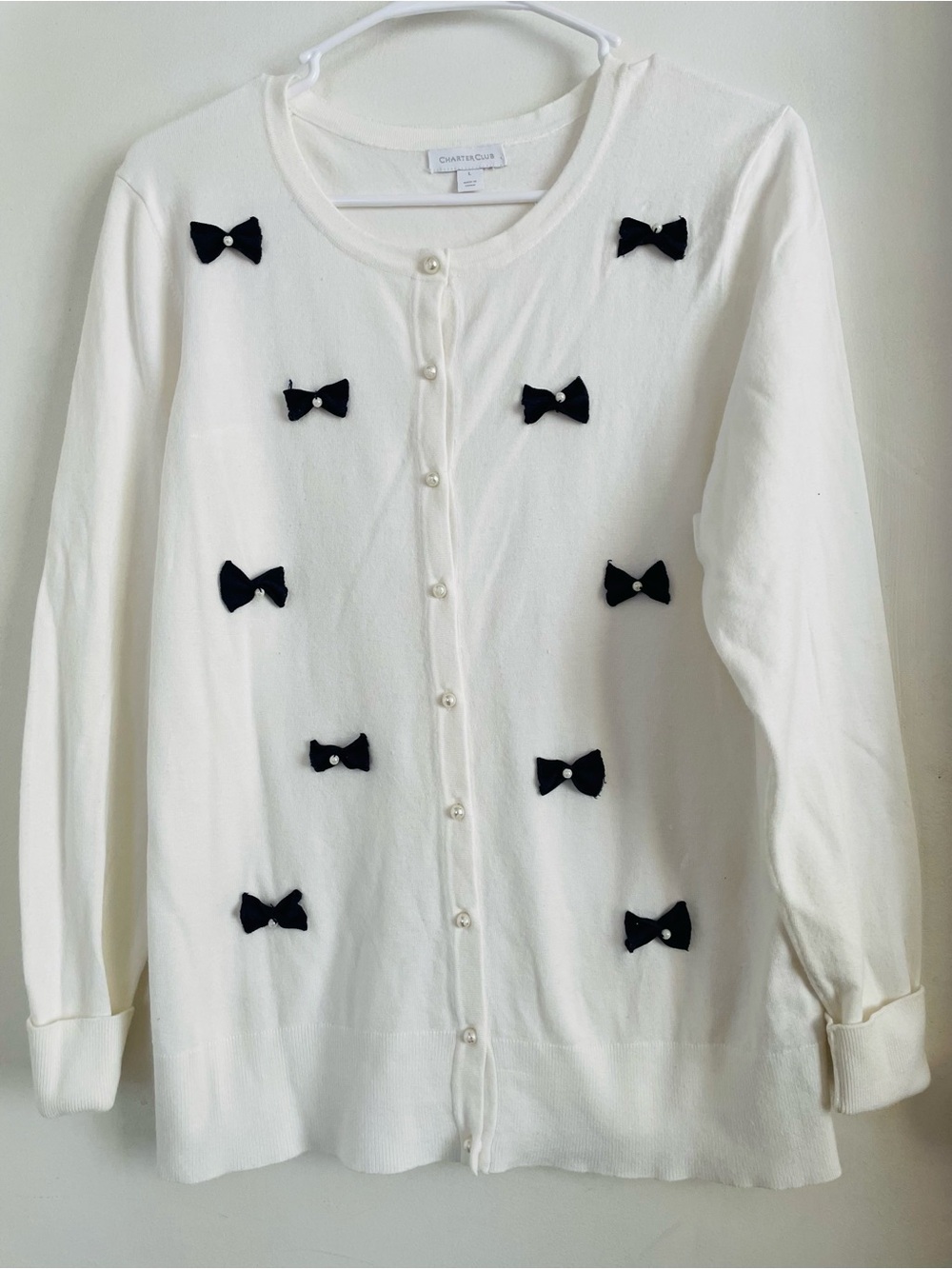 Charter Club White Cardigan with Black Bow Appliqués
